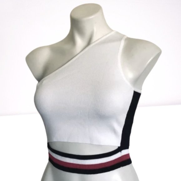Rehab Lab One Shoulder Cut-Out Varsity Stripe Knit Crop Top, Womens S, Jr L NEW - Picture 1 of 10